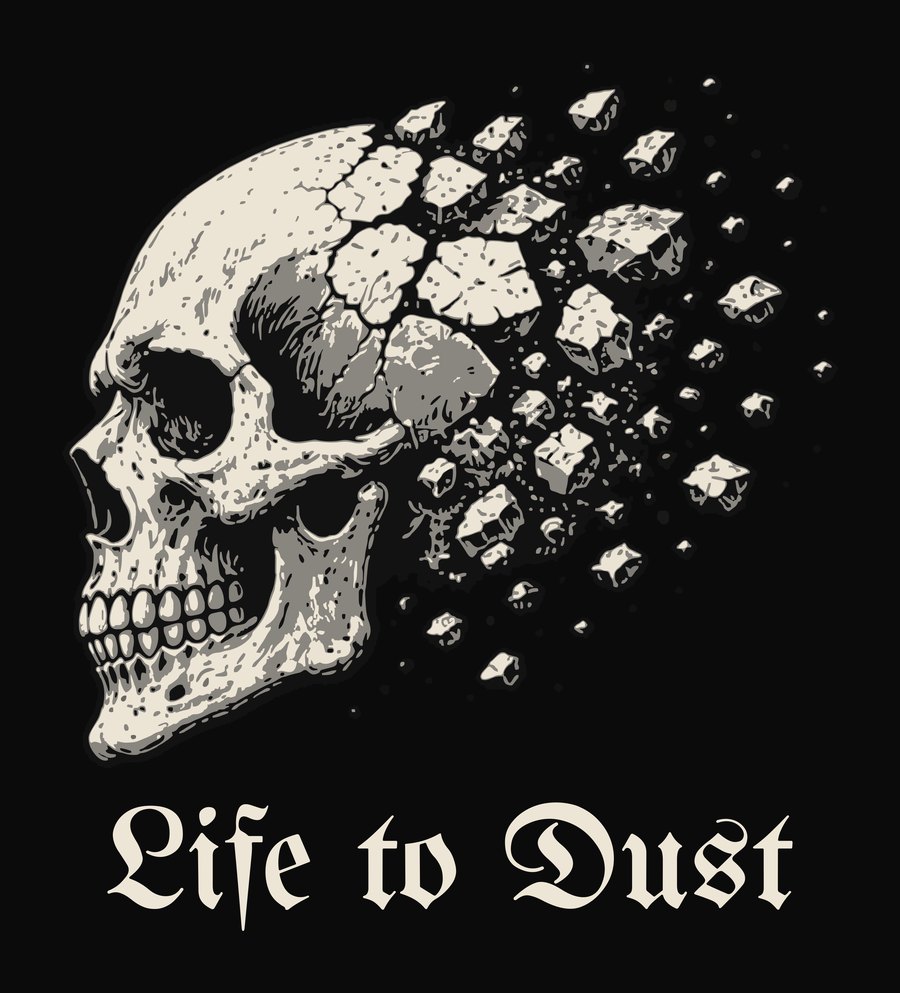 A skull in profile crumbling into dust, over the words Life to Dust