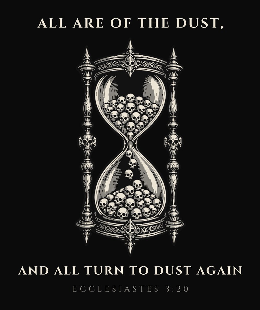 An hourglass filled with tiny skulls