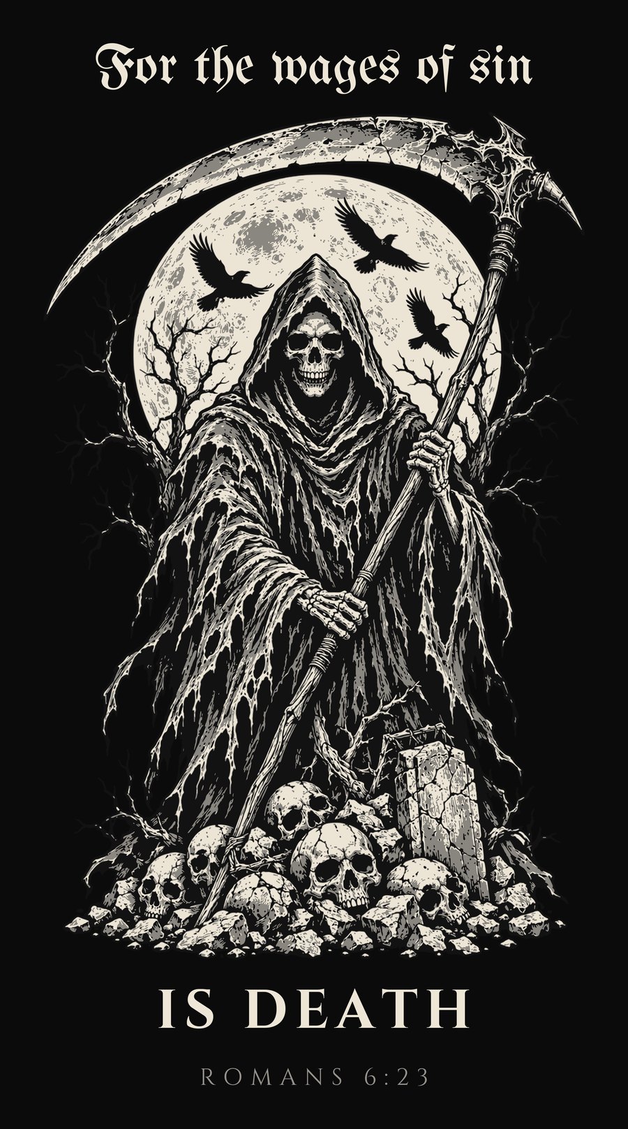 The Grim Reaper with a scythe before a full moon